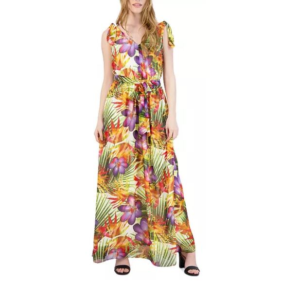 Donna Ricco Tropical Printed Tie Shoulder Maxi Dress 12 NWT - Picture 1 of 12